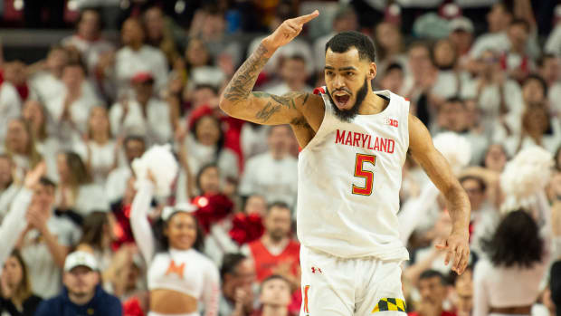 Mar 8, 2020; College Park, Maryland, USA; Maryland Terrapins guard Eric Ayala (5) reacts after making a three point shot during the second half against the Michigan Wolverines at XFINITY Center. Mandatory Credit: Tommy Gilligan-USA TODAY Sports